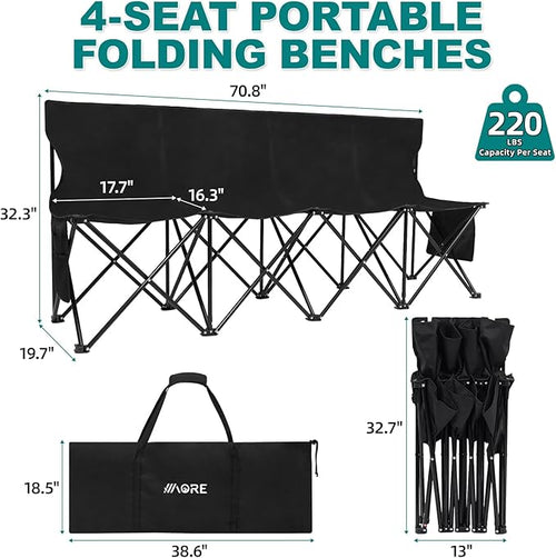 1MORE Soccer Bench - Portable Folding Team Bench, 4 Seats Foldable Sideline Benches, Soccer Chair with Bag & Backrest, Adult Team Chair for Football Camp Sport Events Outdoor Seating.Black