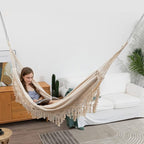 Boho Macrame Hammock with Elegant Tassels for Patio, Yard, Beach Wedding Decor, Outdoor and Indoor Up to 450lbs Include Tie Ropes and Drawstring Bag