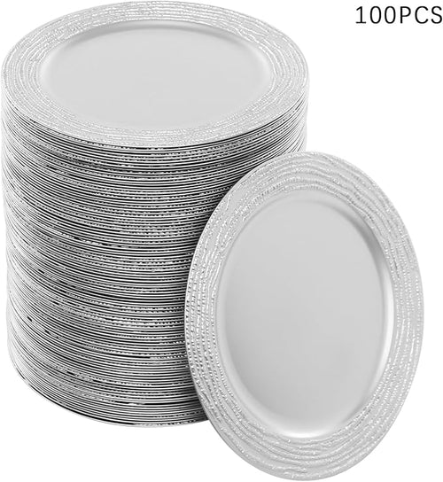 100 PCS Antique Charger Plates Bulk, 13'' Plastic Embossed Dinner Plate Chargers Round Floral Plates for Wedding Decorative Chargers for Table Dinner Kitchen Party Decoration (Silver)