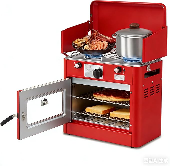 Bonnlo 2-in-1 Camping Oven & Portable Gas Stove Combo with 3-side Windscreen, Powerful 19,800 BTU Propane Oven with One-click Ignition, Heat-resistant Coating & Thermometer for Outdoor Use, Red