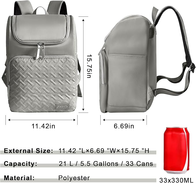 Cooler Backpack Insulated Leak Proof 33 Cans, Waterproof Hiking Backpack Cooler Soft Cooler Bag Lunch Backpack for Picnic Camping, Gray