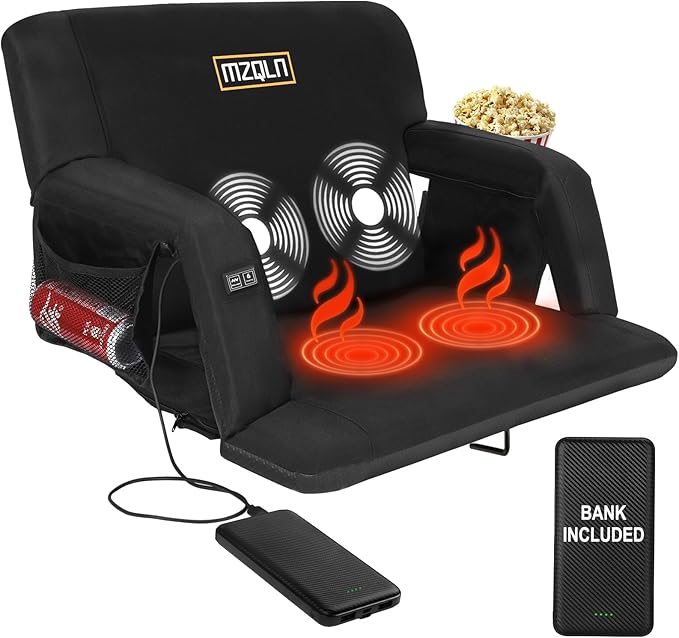 Heated Massage Reclining Stadium Seat, Bleacher Chair with 10000mAh Portable Bank, 6 Reclining Positions for Camping, Games & Sports