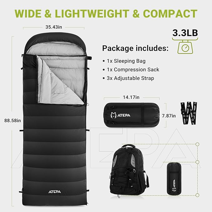 ATEPA Down Sleeping Bag for Adults, 650FP Recycled 30°F 35°F 40°F 45°F 3 Season Wearable Ultralight Packable Compact Sleeping Bags with Compression Sack for Backpacking Camping Hiking