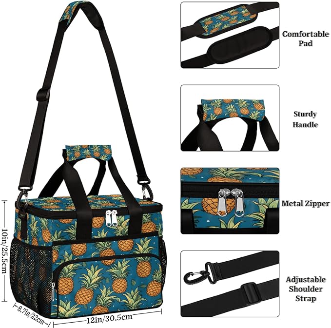 Leakproof Reusable Insulated Cooler Lunch Bag Summer Pineapple Pattern Picnic Lunch Box for Women Men Cooler Tote Office Work Camping Beach 24 Can 15L