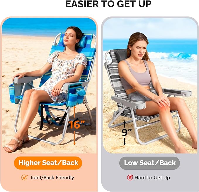 VINGLI Tall Beach Chair 2 Pack Lightweight, Backpack Beach Chair for Adults with 5-Position, Cooler Bag, Cup Holders, Towel Bar, Lightweight Folding Beach Camping Chairs
