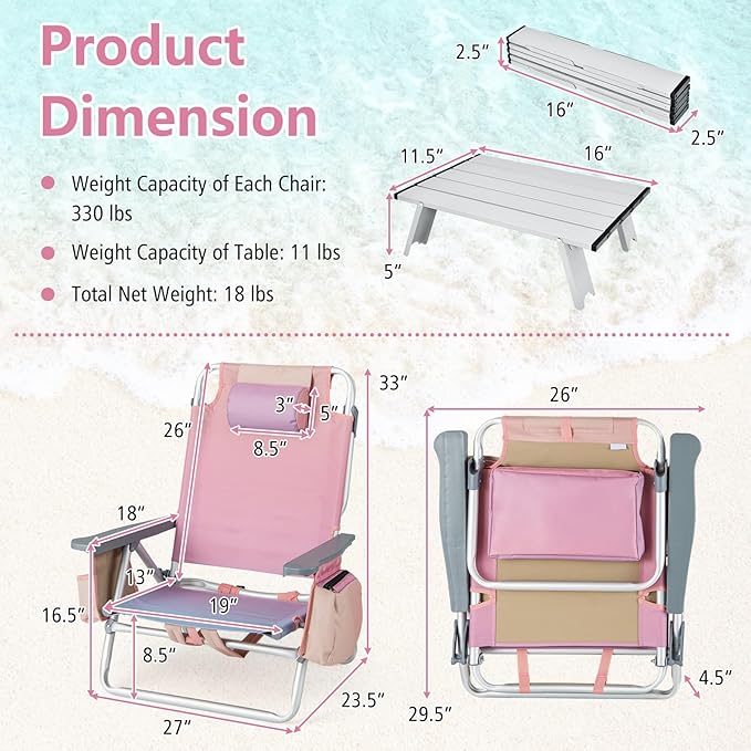 Giantex Folding Beach Chair, Patio Sling Chairs with 5 Adjustable Position, Head Pillow, Storage Bag, Towel Bar, Cup Holders, Backpack Chairs for Sunbathing, Camping Chair