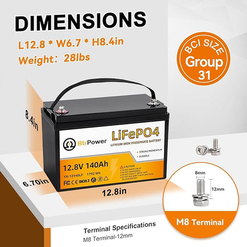 12V 140AH Lithium Battery,5000+ Deep Cycle LiFePO4 Battery with Built-in 100A BMS fit for Home Storage,Trolling Motor,RV,Off-Grid System,Solar Power System,Marine