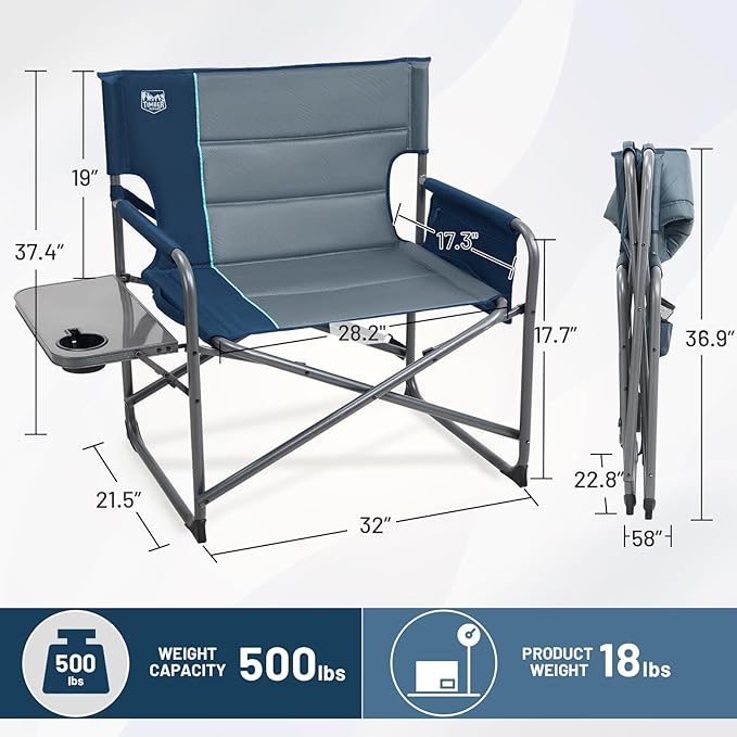 Timber Ridge XXL Extra Wide Foldable Directors Chair with Side Table, 500 lbs Heavy Duty Camping Chairs for Adults, Oversized Folding Lawn Chair for Lawn Beach Sports Outdoor, Blue