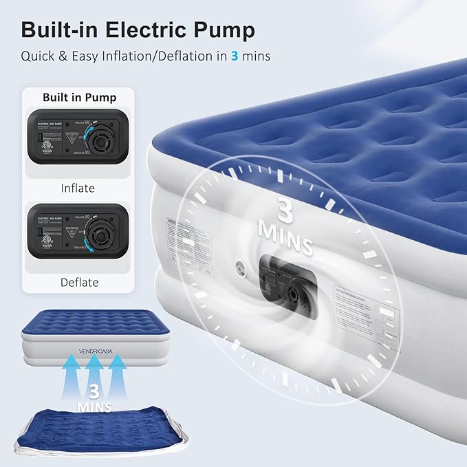Full Air Mattress with Built-in Pump, 18" Raised Inflatable Bed Blow Up Mattress, Comfort Portable Air Bed for Camping, Home Guests, Travel 650 lbs Max