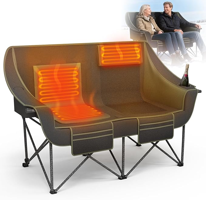 SHIJING Heated Double Camping Chair for Adults with 3 Heating Levels, 661lbs Weight Capacity, Portable Folding Heated Chair for Outdoor, Beach, RV, Picnic & Lawn (Battery Not Included)