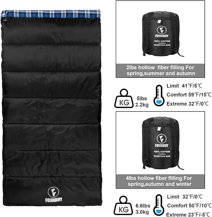 Flannel Sleeping Bag Cold Weather for Adults XL Camping Cotton Sleeping Bag 4 Season Big and Tall, Waterproof with Compression Sack