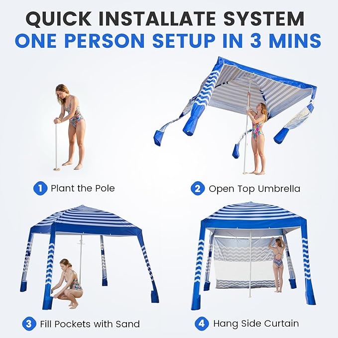 Zeraty Beach Cabana 8'×8', Portable Beach Canopy with Side Wall, Easy Pop Up UPF 50+ Silver-Coated Beach Tent Sun Shelter, Wind Resistant Adjustable Height Beach Umbrella Tent for Family, Navy Blue
