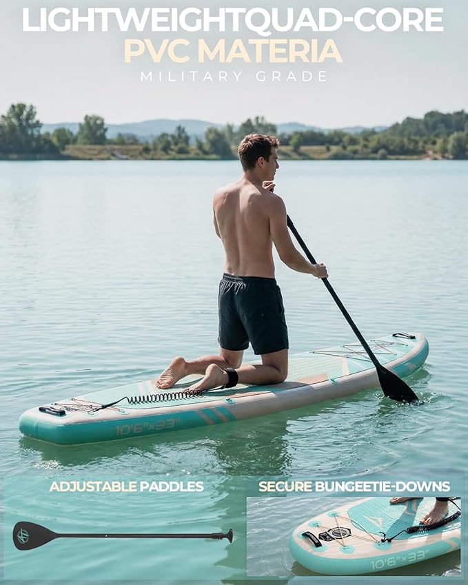 10'6''x33''Inflatable Stand Up Paddle Board, 400lbs Extra Wide Stand Up Paddleboard with Kayak Seat, Anti-Slip EVA Deck Premium SUP Accessories Kit, Non-Slip Stable Deck Boat for Yoga Fishing Surf