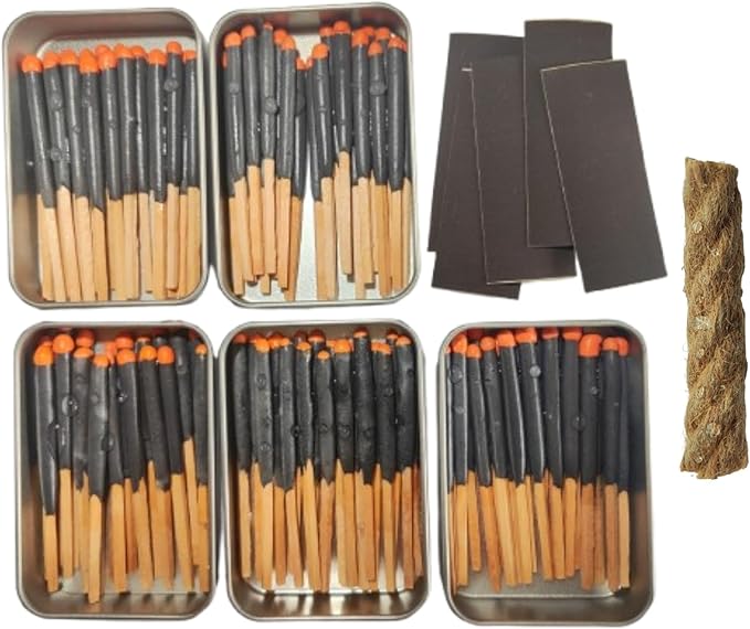 Survival Waterproof Match Kit – 20/40/60/80/100 Fire Starters with Extra Striker, Metal Tin & 20 Waxed Tinder Cords – Stormproof Windproof for Camping & Emergency (5 x Tin Matches + Wax Rope)