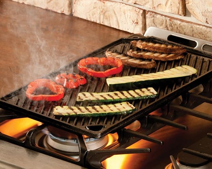 Lodge Double Play Reversible Cast Iron Grill/Griddle - Dual-Sided with Double Burner Configuration for Eggs, Pancakes, Burgers & More - Seasoned, Non-Toxic Cookware - Heavy-Duty Grill Pan - Black