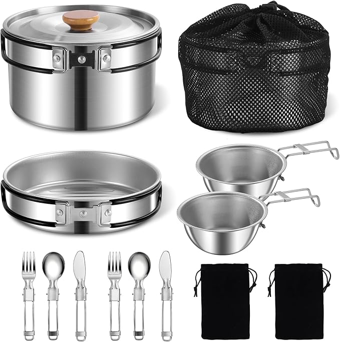 11Pcs Camping Cookware Set，Portable Camping Essentials with Accessories，Stainless Steel Lightweight Nonstick Pots、Pans、Bowls and Utensils for Backpacking RV Tailgating Cooking and Outdoor Cooking