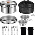11Pcs Camping Cookware Set，Portable Camping Essentials with Accessories，Stainless Steel Lightweight Nonstick Pots、Pans、Bowls and Utensils for Backpacking RV Tailgating Cooking and Outdoor Cooking