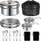 11Pcs Camping Cookware Set，Portable Camping Essentials with Accessories，Stainless Steel Lightweight Nonstick Pots、Pans、Bowls and Utensils for Backpacking RV Tailgating Cooking and Outdoor Cooking