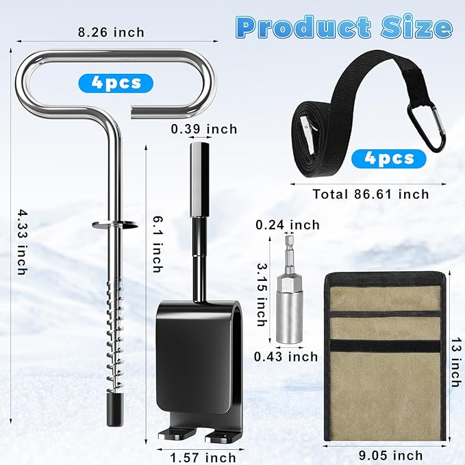 Ice Anchor Tool Kit, Ice Anchor Drill Adapter with Ice Fishing Shelter Stake Screws with Storage Bag, Universal Anchors Accessories for Outdoor Camping Tent or Ice Fishing Shanty Shelter Tent