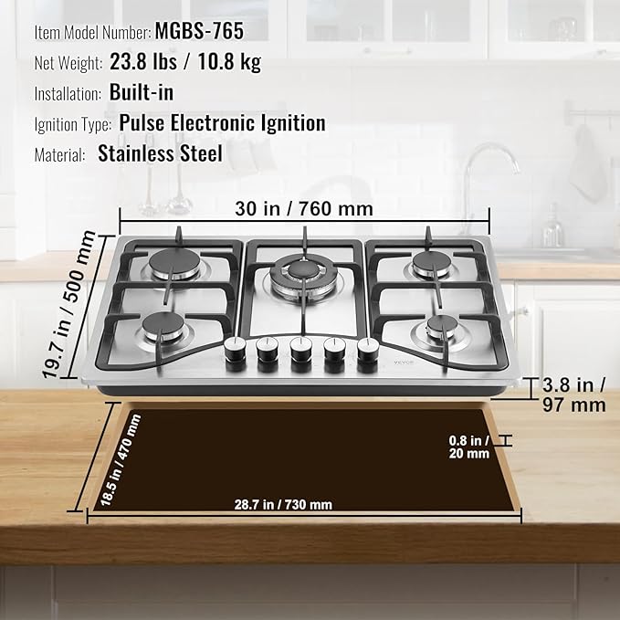 VEVOR 30-inch Gas Cooktop, 5 Burners Built-in Gas Stove Top, Max 12250BTU NG/LPG Convertible Stainless Steel Cooktops, with Thermocouple Protection for Camping, RV, Apartment