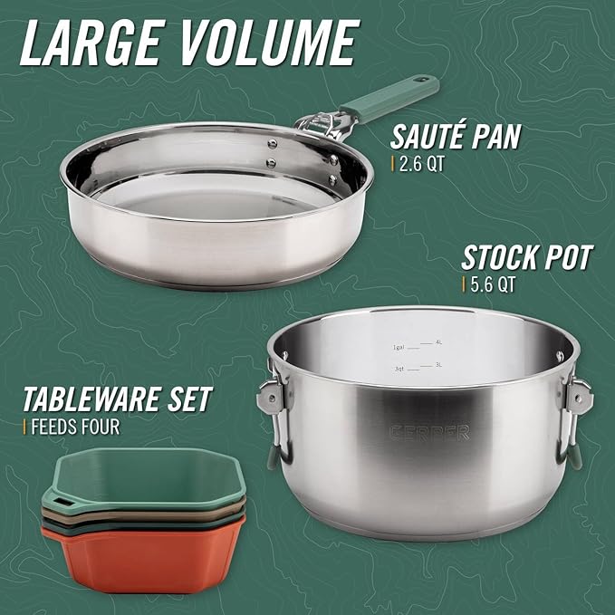 Gerber Gear ComplEAT Cook Set - Dishwasher-Safe Camping Cookware for Outdoor Cooking - Includes Saute Pan, Stock Pot, 4 Plates, 4 Bowls, Mixing Bowl & More
