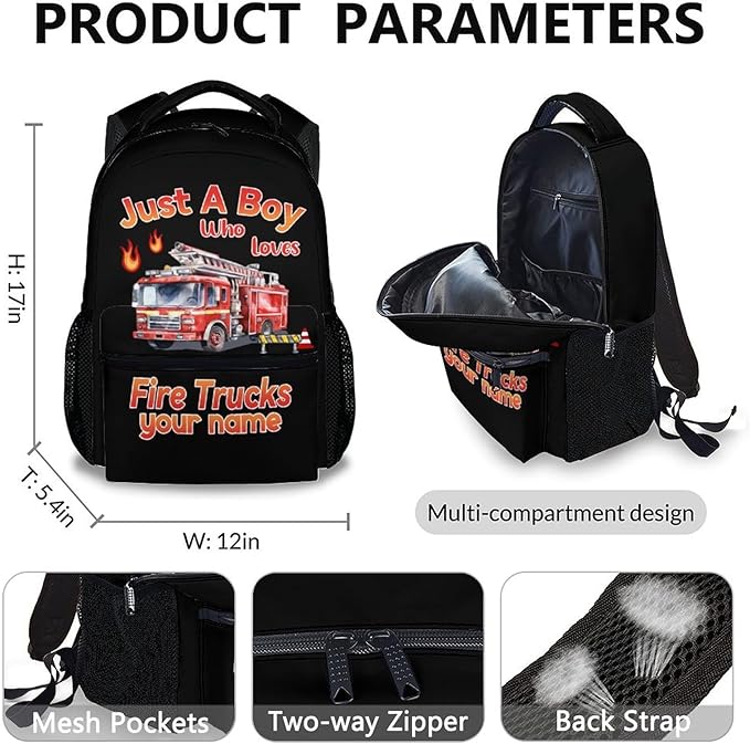 School Backpack for Boys, Custom with Name Set of 3 Fire Truck Kids School Backpacks Matching Combo for Kindergarten Preschool, Truck Bookbag and Pencil Pouch Bundle for Toddler Car Lovers