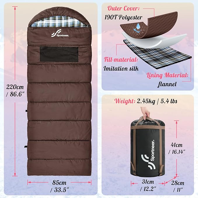 Sportneer Heated Sleeping Bag with 5 Heating Zones, Warm Flannel Cold Weather Sleeping Bag for Adults, 3 Heat Levels USB Powered (Power Bank Not Included), Winter Camping & Outdoor Hiking