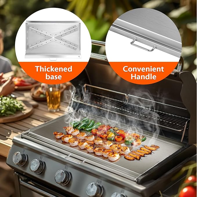 LotFun 30" x 15" Stainless Steel Cooking Griddle for Outdoor Gas Grill, Universal Griddle Flat Top Plate Insert with Grease Groove and Removable Handles for Electric/Charcoal/Gas Grill, Camping,Party