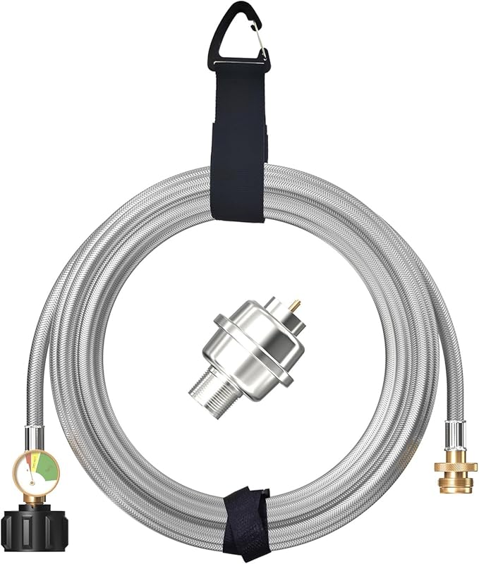 10FT Stainless Braided Propane Adapter Hose with Gauge, Adapter Hose with QCC1/Type1 Adapter Connect 20-45 lb Propane Tank (10FT Extension Hose/Propane Fuel Filter) for Heater and gas appliances