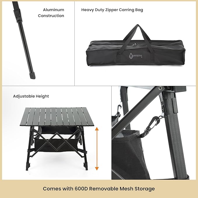 ARROWHEAD OUTDOOR 39" Aluminum Folding Camp Roll Up Table w/Adjustable Height, Undertable Mesh Storage, Carry Bag