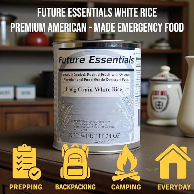 Future Essentials Long Grain White Rice – USA Grown, Uncooked White Rice with 25-Year Shelf Life – Shelf-Stable, Vacuum-Sealed Emergency Food – 24 oz #2.5 Can (Single)