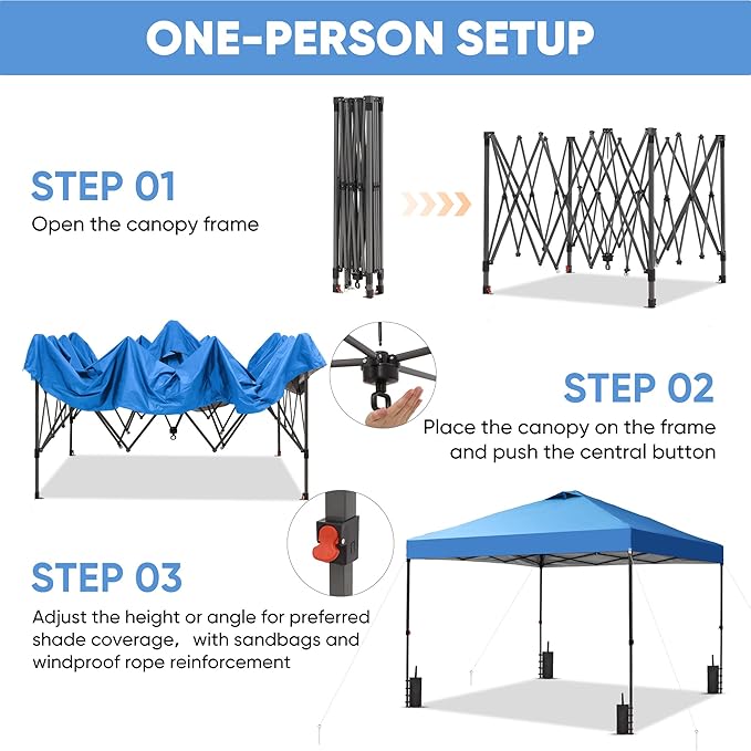 GDY 12x12 Pop Up Canopy Patio Carpas, One Push Set up with Central Lock Canopy with Wheeled Carry Bag, Included 4 Sandbaogs,8 Stakes and 4 Ropes, Blue