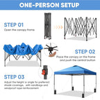GDY 12x12 Pop Up Canopy Patio Carpas, One Push Set up with Central Lock Canopy with Wheeled Carry Bag, Included 4 Sandbaogs,8 Stakes and 4 Ropes, Blue