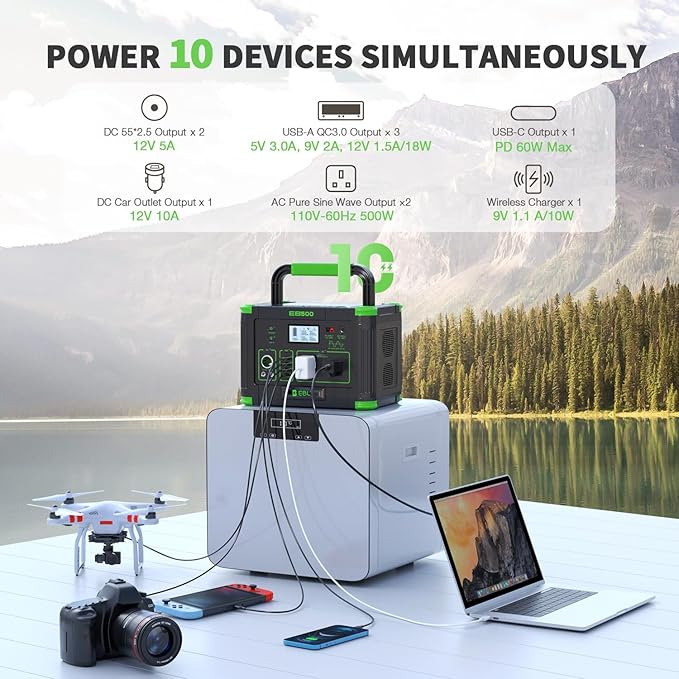 Portable Power Station 500W(Peak 1000W) EBL, 519Wh Outdoor Solar Generator with 2 AC(110V) Outlets, 10 Ports Powerhouse with USB-C PD Fast Charging for Travel, RV Camping Off-Grid Living Emergency
