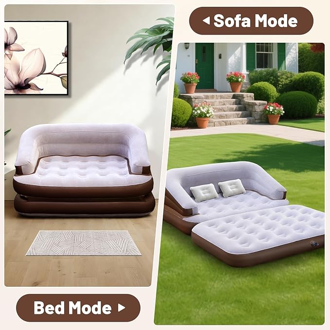 Full Size Inflatable Sofa Bed with Air Pump,2-in-1 Blow-Up Couch and Folding Air Mattress Bed for Home,Camping,and Guests