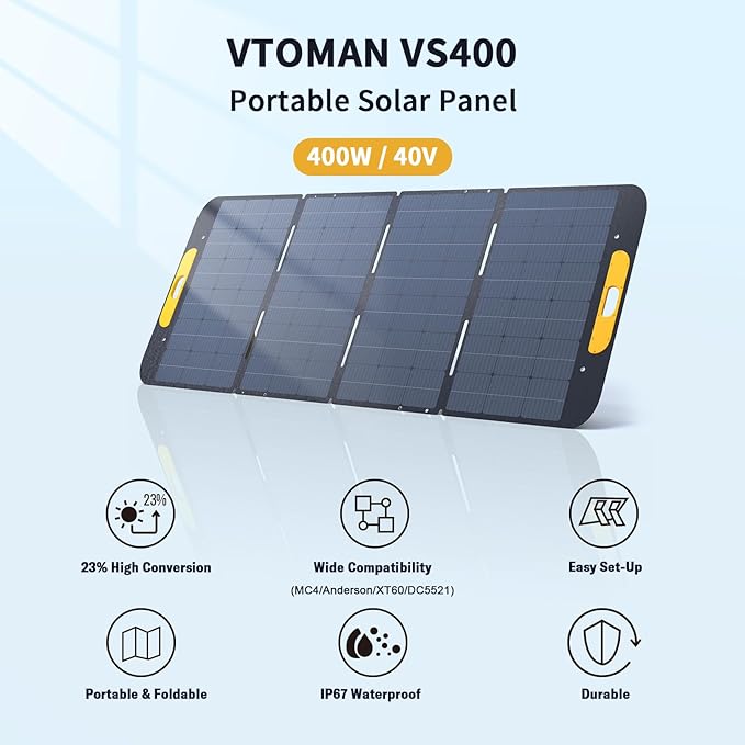 VTOMAN VS400 Portable Solar Panel 400W 40V, 23% Efficiency Foldable Solar Panel w/ IP67 Waterproof & MC-4 Anderson XT60 DC5521 Adapters & Adjustable Kickstands, Off-Grid Power for Home & Camping