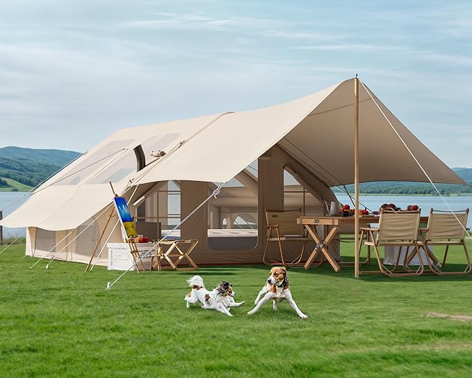 Inflatable Camping Tent with Pump & Awning, 14 Person Air Tents for Camping Adult, Large Waterproof Oxford Family Glamping Tent, Quick Setup Big Tent for Outdoor Camping
