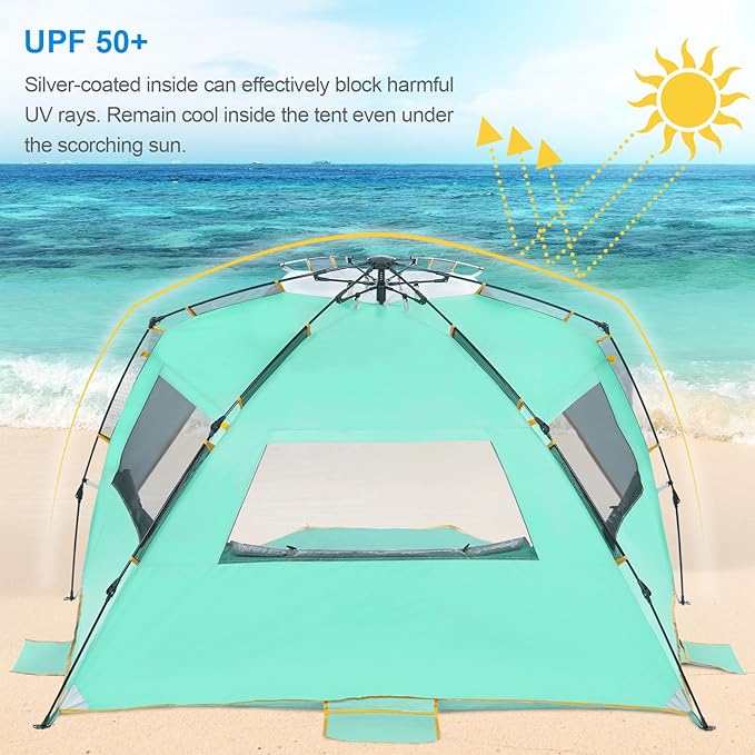 Wolfwise Instant Beach Tent Sun Shelter with Zippered Extendable Porch for Privacy, Portable Beach Tents with Carrying Bag, Easy Setup Pop up Beach Shade for 6-7 Person, 110 x57x57 in, Mint Green