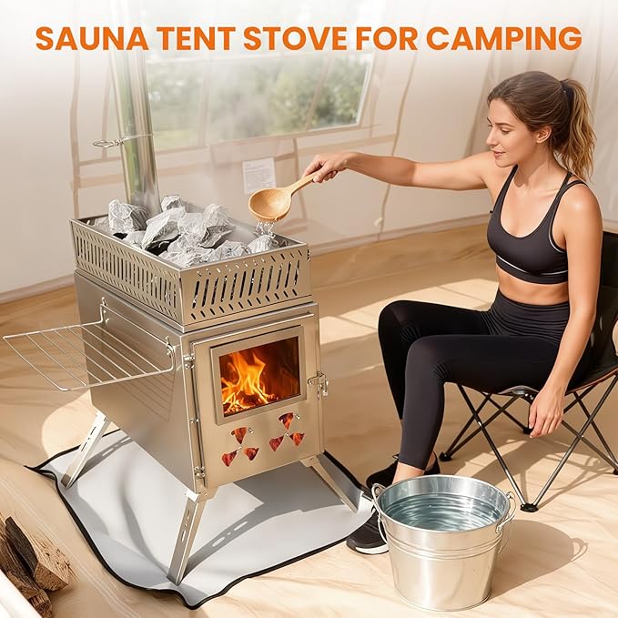 Upgraded Wood Burning Sauna Hot Tent Stove, 2 in 1 Tent Wood Burning Stove with Chimney Pipe for Outdoor Camping Heating, Camping, Hunting, Heating, Cooking, Ice Fishing, Boiling Water