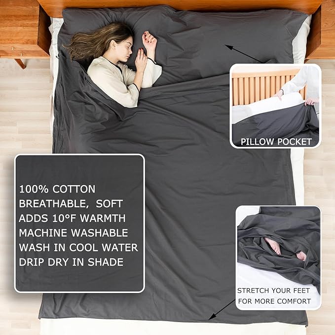 100% Cotton Sleeping Bag Liner with Full Length Zipper on 3 Sides; Single/Double Adult Sleep Sack for Travel & Camping, Multifunctional Travel Sheets (Unzipped 87”x87”) for Hotel, Lightweight