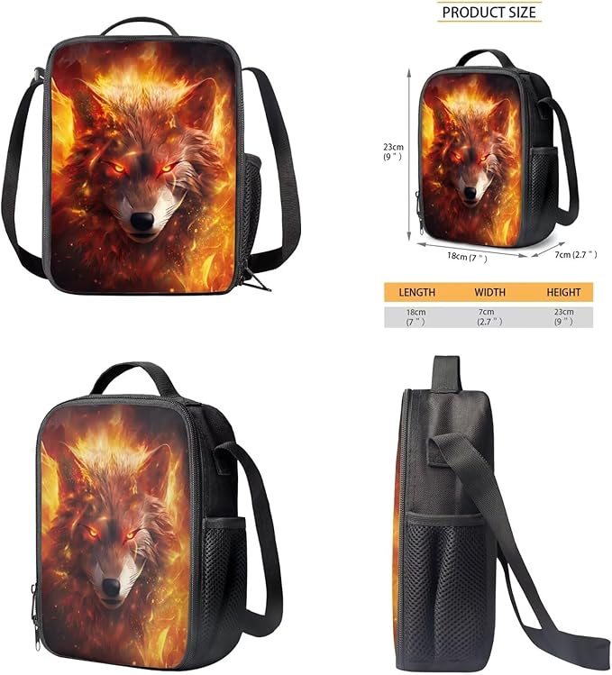 Ystardream Preschool Bookbags for Boys Fire Wolf Backpack with Lunch Box and Pencil Bag 3 in 1 for Boys Kids Cool Backpack with Side Pocket for Water Bottle for Teen Kid School Sports