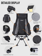 WildCall Lightweight Folding High Back Camping Chair with Head Support, Compact Beach Chair with Anti-Sinking Large Feet and Three Tilt Angles Adjustment