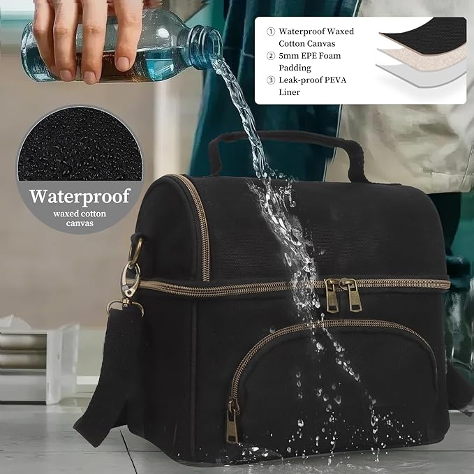 Waxed Canvas Lunch Cooler Bag for Men, Insulated Lunch Box with Two Compartment, Small Soft Cooler Lunch Bags with 2 Ice-Packs, 10.5L Leakproof Lunchbox for Work, Camping, Beach and Road Trips