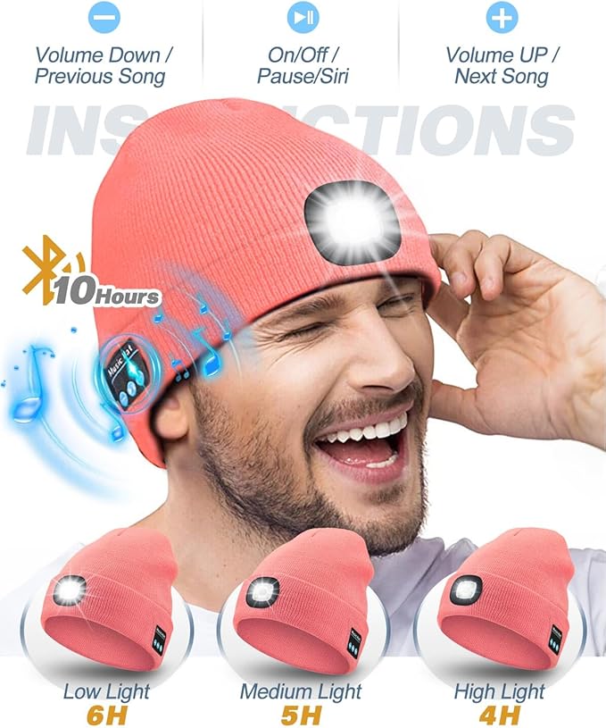 Bluetooth Beanie with Light, USB Rechargeable LED Headlamp Winter Hat, Men Women Valentine's Day Gifts