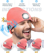 Bluetooth Beanie with Light, USB Rechargeable LED Headlamp Winter Hat, Men Women Valentine's Day Gifts