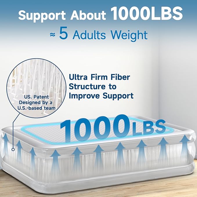 Twin Air Mattress with Built-in Rechargeable Pump, 1000 lbs Heavy-Duty Support, 16" Raised Upgraded Firmness, Fast 2-Min Inflation, Portable Blow Up Bed for Home, Guests & Camping
