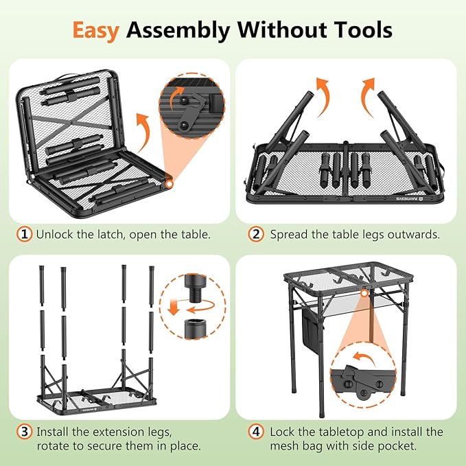 Folding Grill Table for Outside, 3 Height Adjustable Small Camping Table with Mesh Bag, Metal Aluminum Folding Table, 23.62 x 15.75 inches, Portable Grill Stand for Picnic, Camping, BBQ, Beach, Black