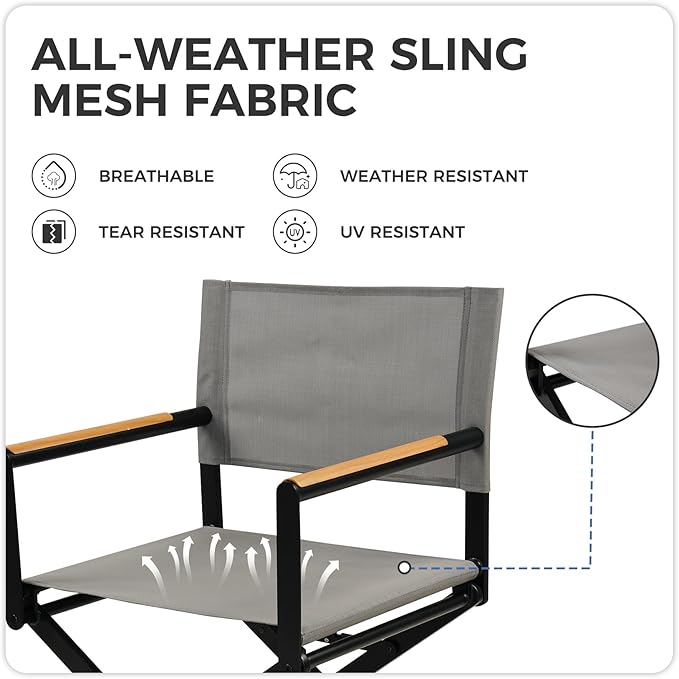 Grand patio Extra-Wide 6-Pack Directors Chairs, Folding Dining Chair Set of 6 with Sling, Woodgrain Armrests, Outdoor, Gray