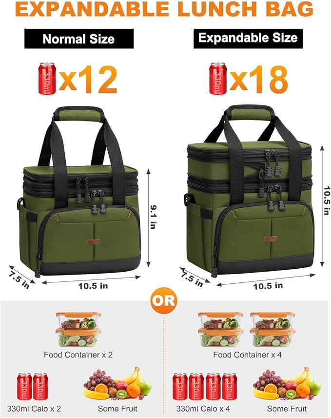 Lunch Box For Men Women Double Deck Insulated Lunch Bag For Men Woman Leakproof Expandable Cooler Bag with Adjustable Shoulder Strap for Work Shool Picnic(Green,Medium)