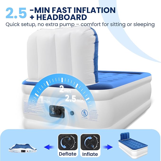 Twin Air Mattress with Headboard, Built-in Pump, 19" Raised Comfort, 48-Hour Leak-Tested Durable PVC, Quiet Design, 2.5 Min Quick Inflation & Headboard, Blow Up Bed for Home and Guests , 600 lbs Max